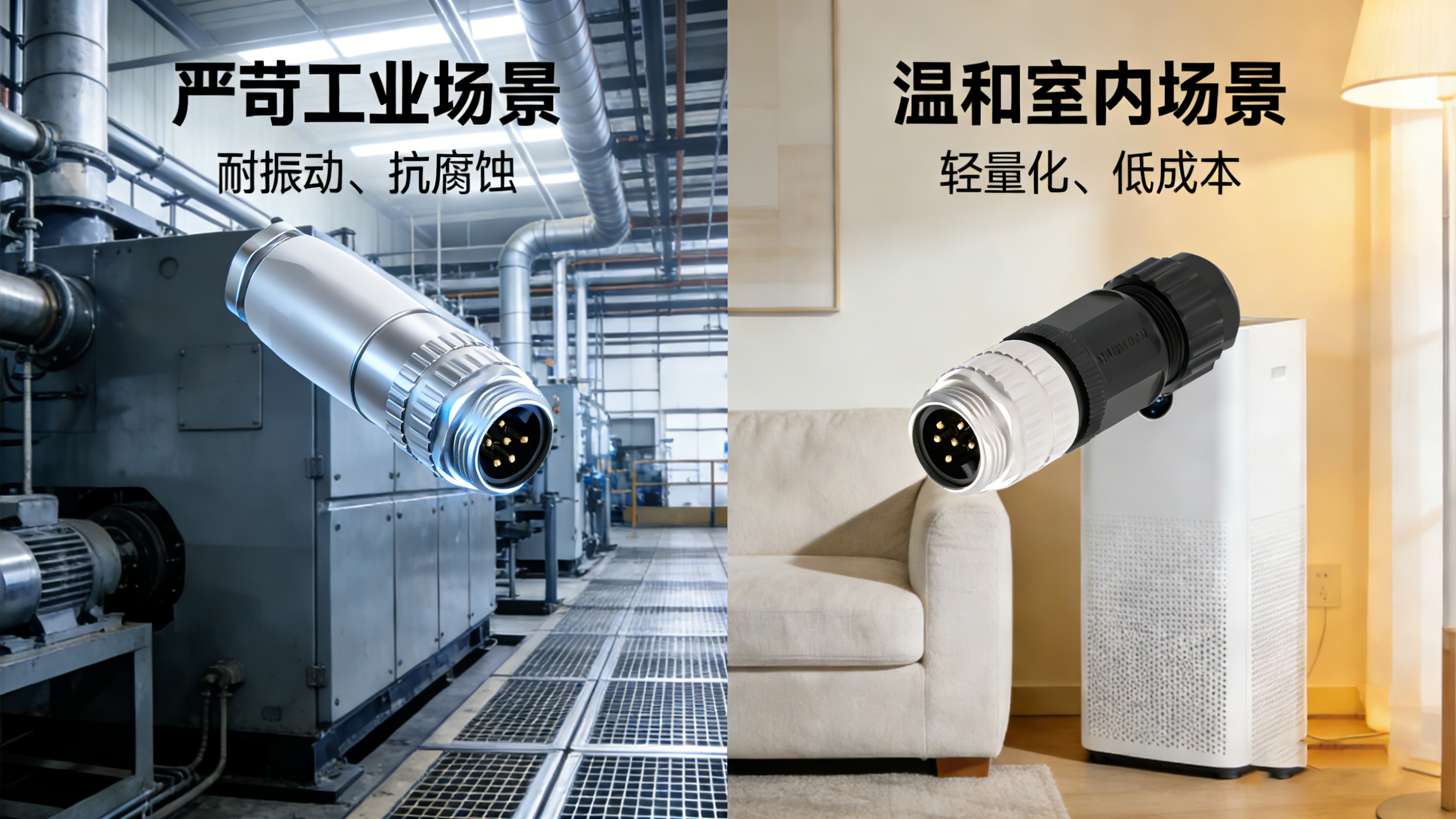 7/8圆形连接器两种材质场景应用对比图，左侧为工业车间严苛场景，右侧为室内温和场景