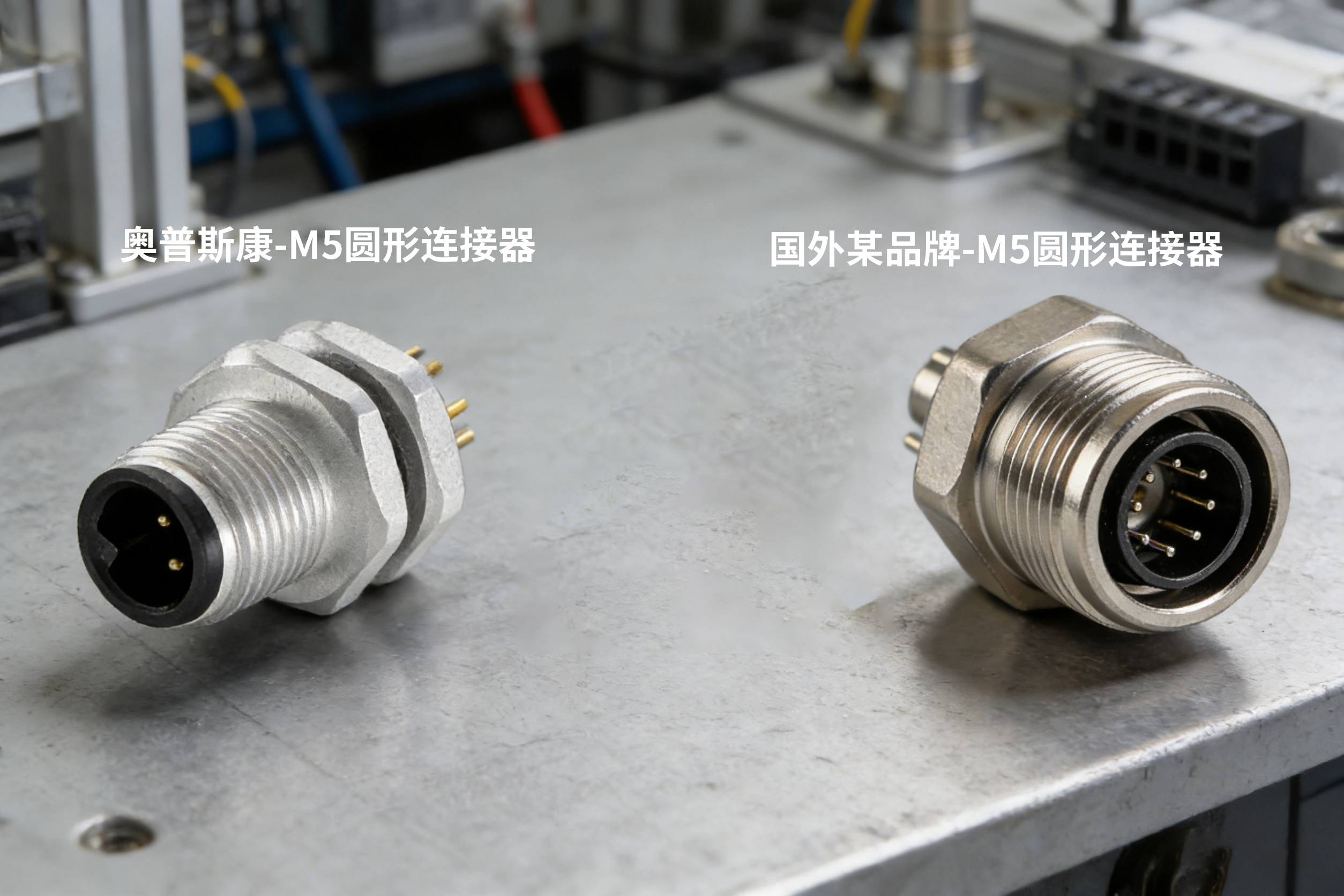 奥普斯康M5圆形连接器工业展示图，清晰呈现产品外观、螺纹结构、芯数标识与核心工艺细节