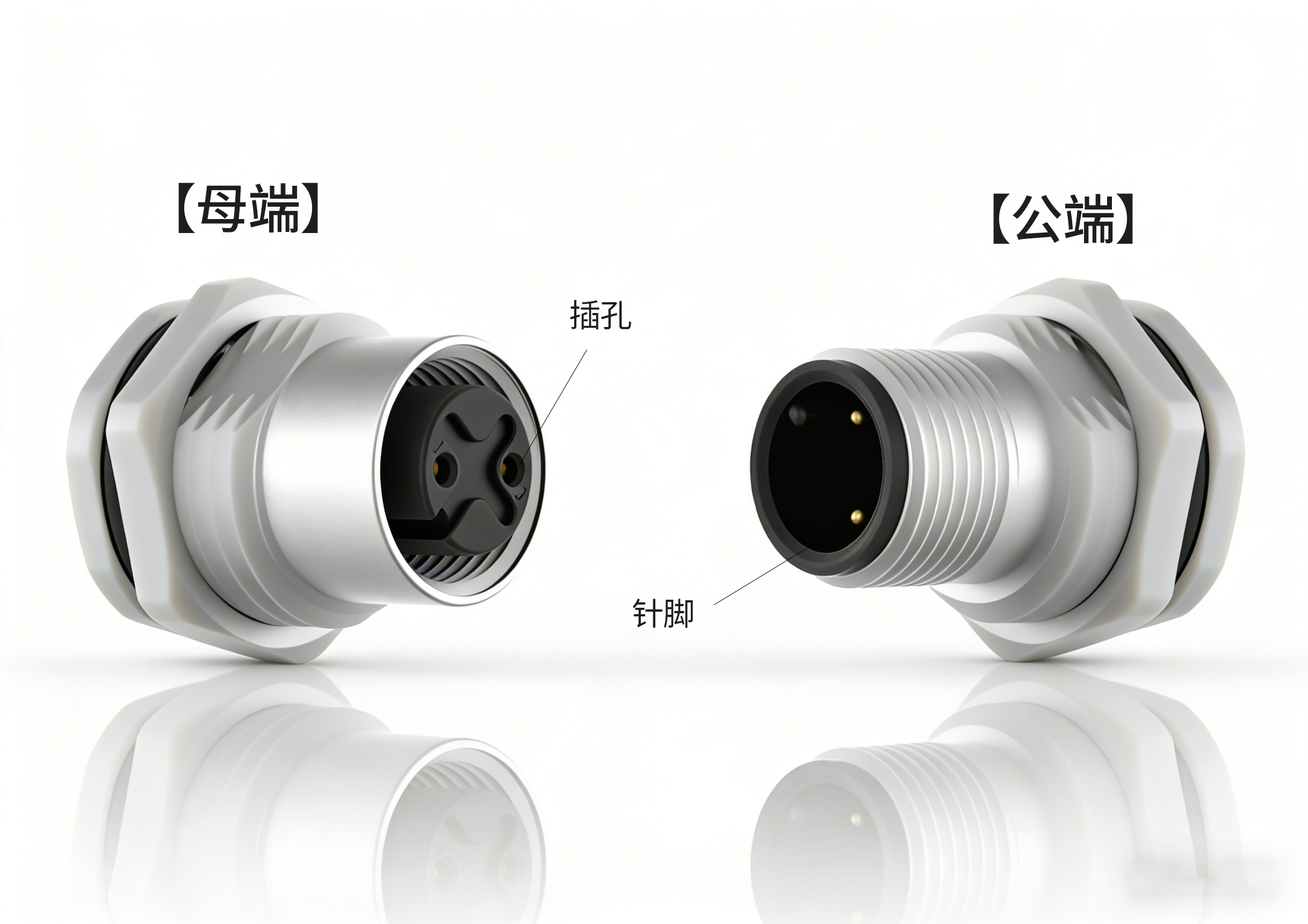 M12圆形连接器公母头正面特写对比图，左侧为公头金属针脚，右侧为母头凹陷插孔