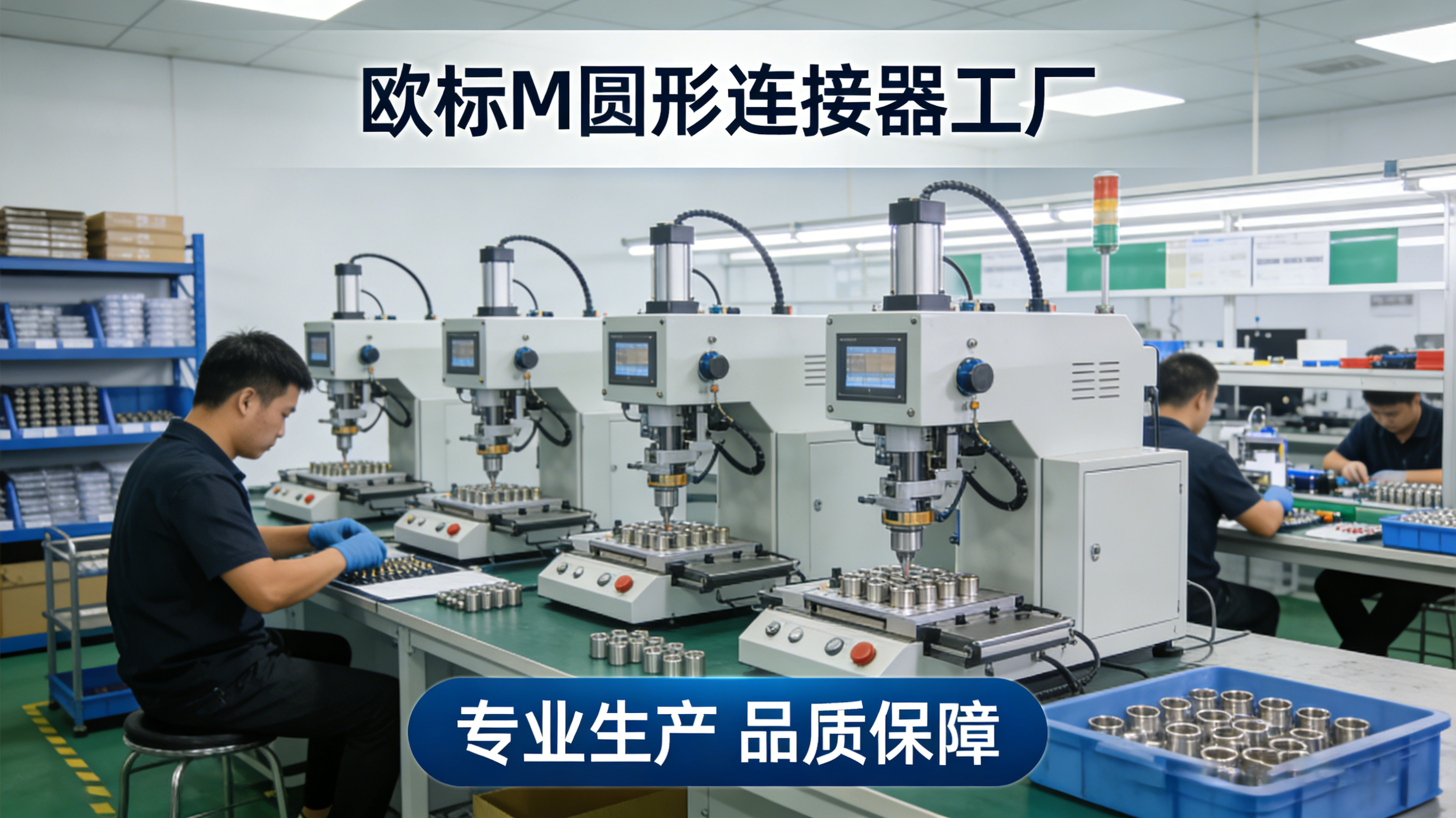 生产工厂M16圆形连接器装配现场实拍，展示自动化设备装配场景