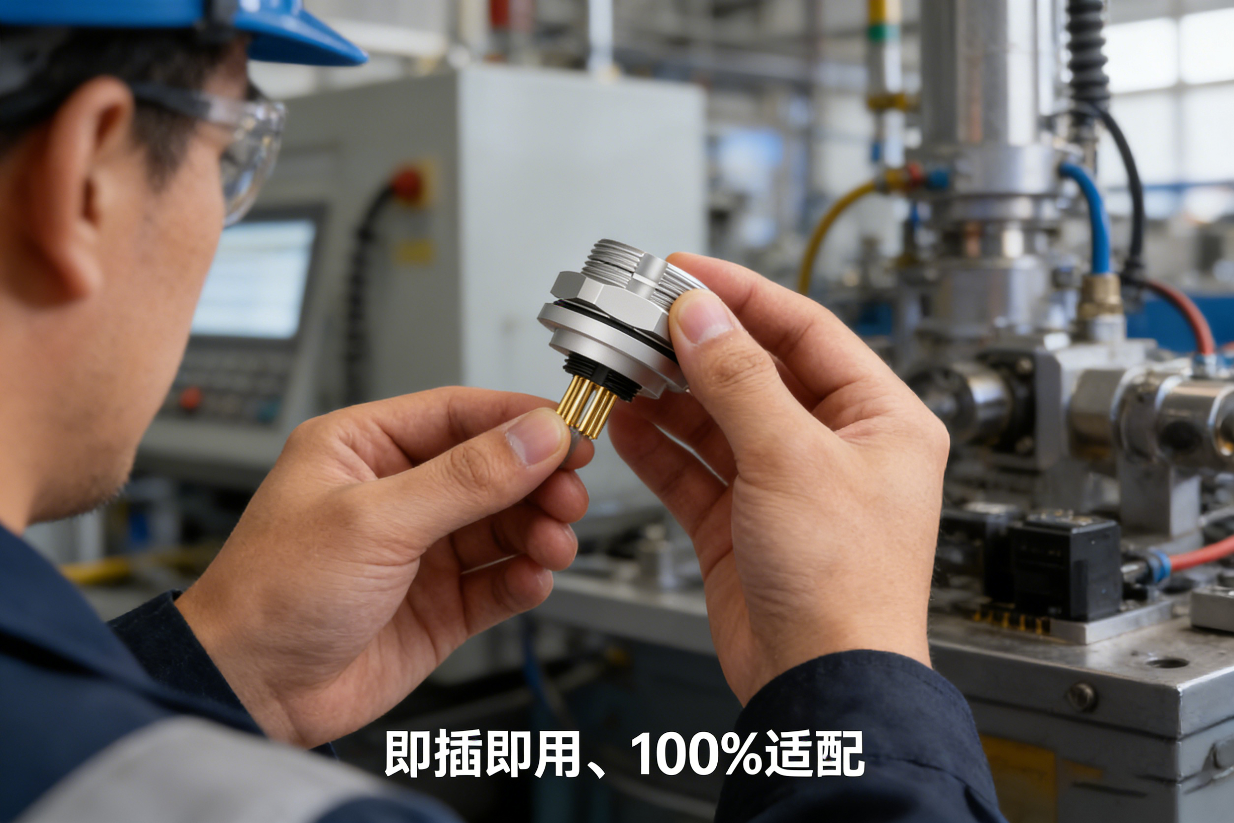 工程师实操更换M9连接器公母头（特写镀金引脚、即插即用100%适配，展示操作便捷性）