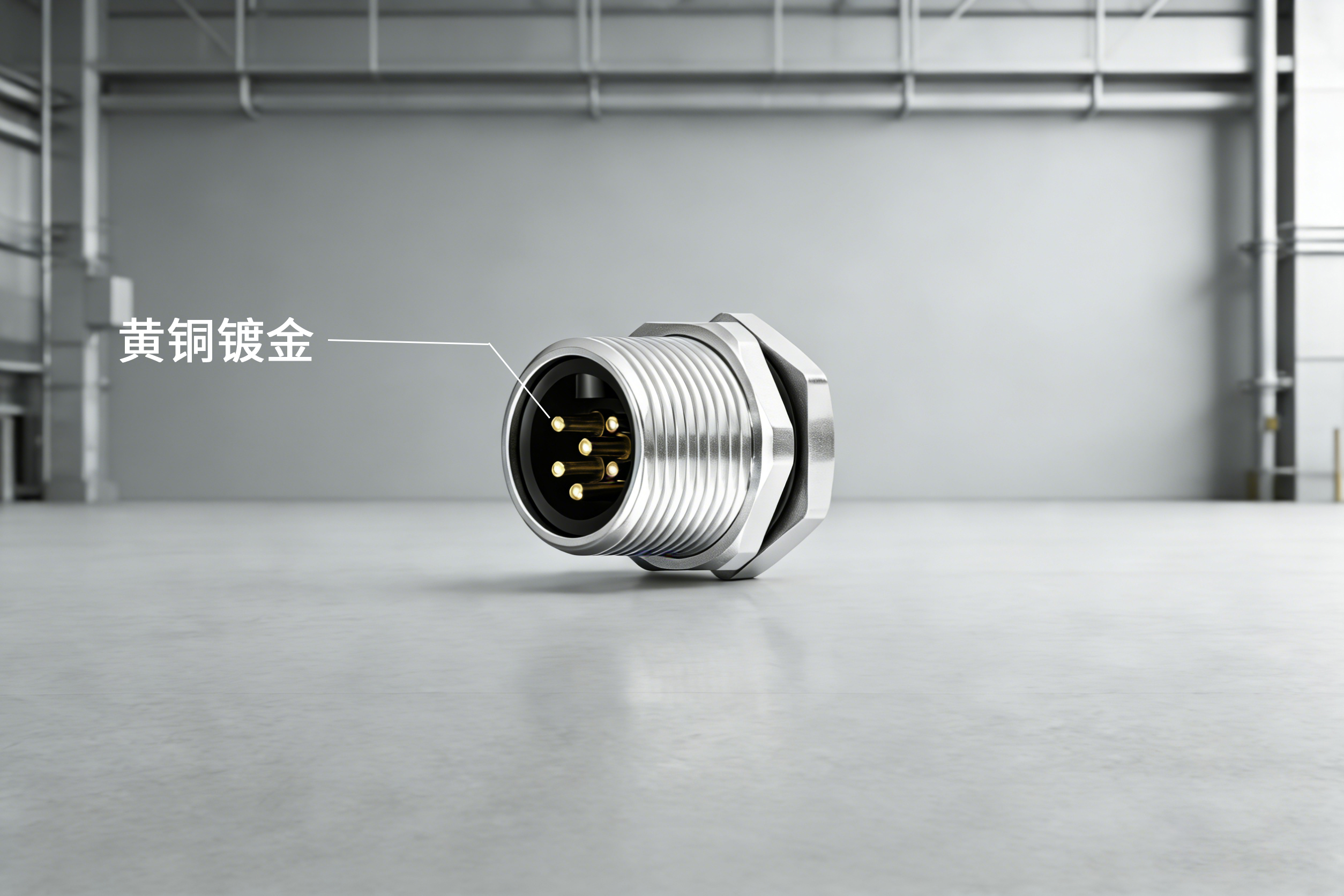 工业级7/8圆形连接器黄铜镀金端子特写，展示镀层光泽与精密结构，灰色工业风背景