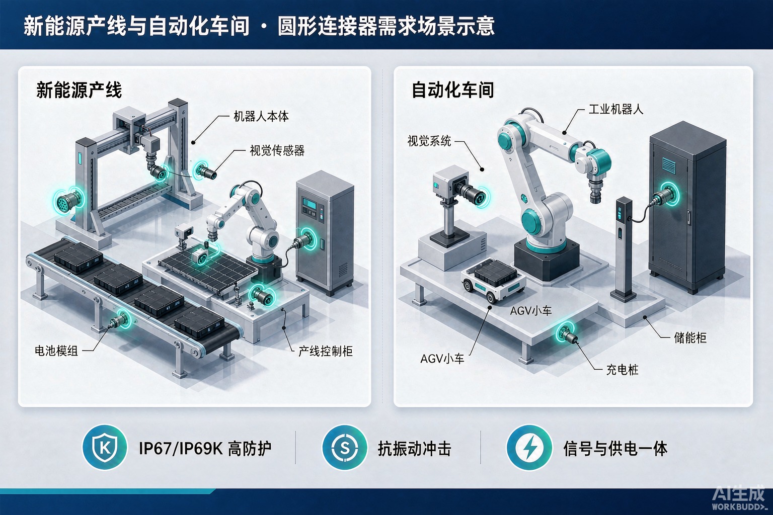 新能源与自动化双驱动下的圆形连接器应用场景信息图