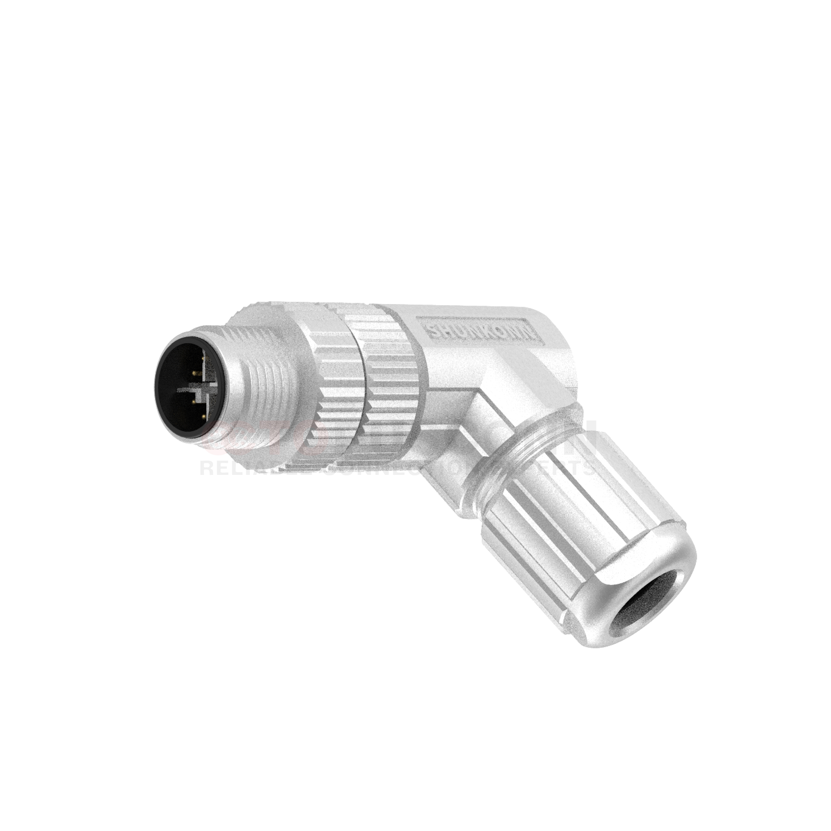 M12 Series X-coded connector assembly type bent 90-degree male socket with metal shielding