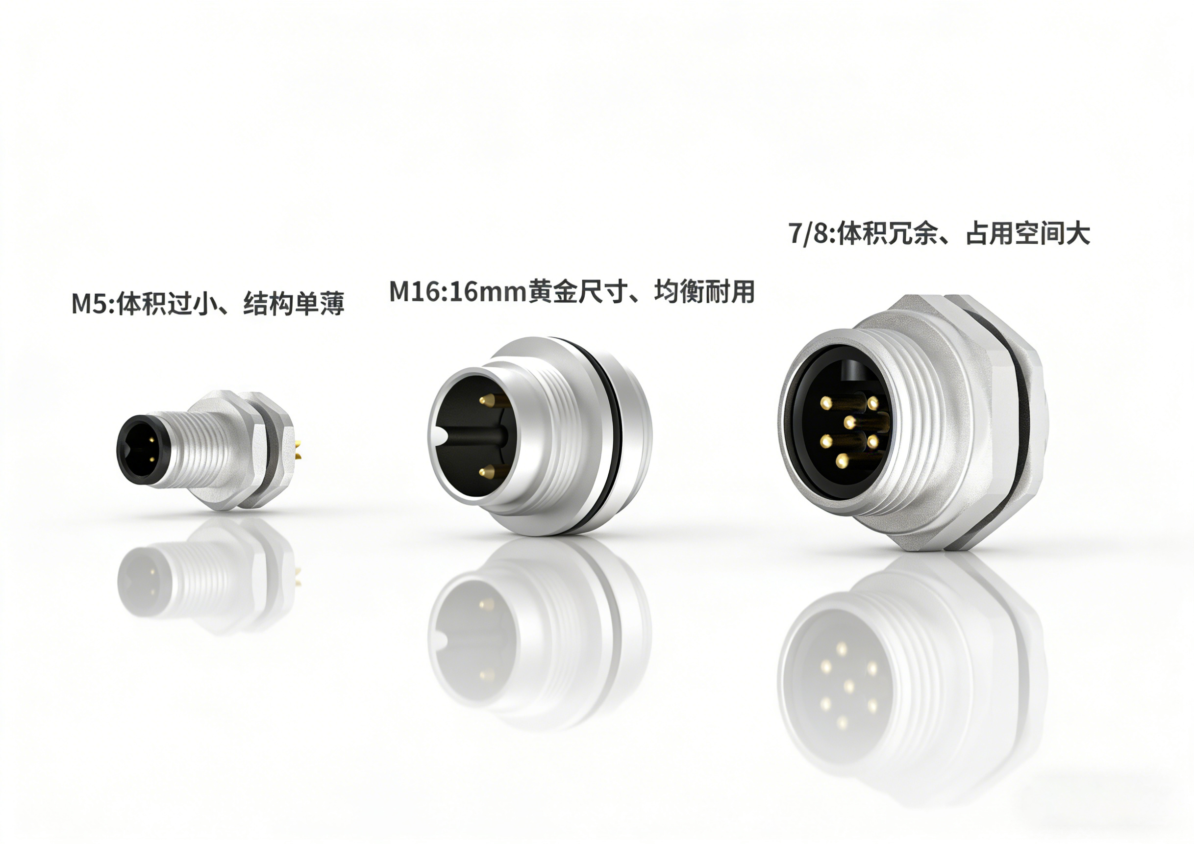 M8/M16/M23圆形连接器尺寸对比图，标注各型号外径、安装孔径、成本占比，直观展示M16黄金尺寸优势