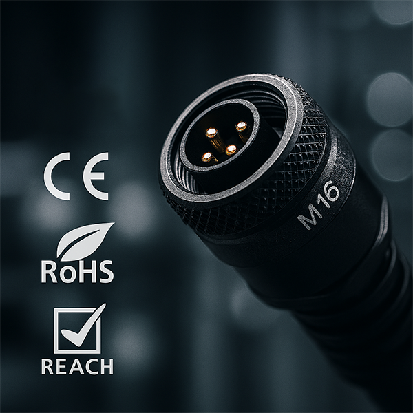 M16 圆形连接器认证图标（UL、CE、RoHS、REACH）