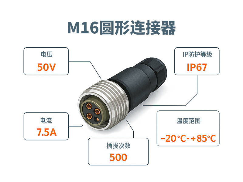  M16 圆形连接器的电流,电压和防尘等级