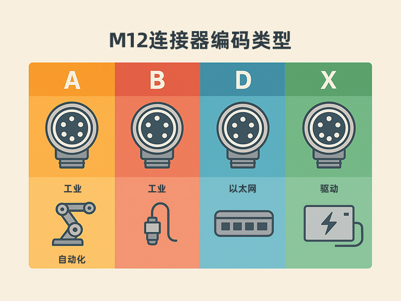 M12 连接器编码类型（A、B、D、X）对比