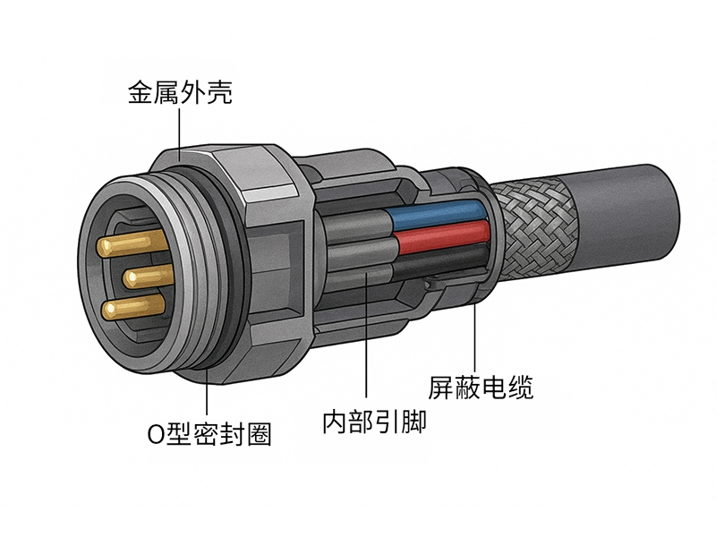 连接器的结构展示如下，包括外壳、密封圈（O 型圈）、插针和屏蔽层