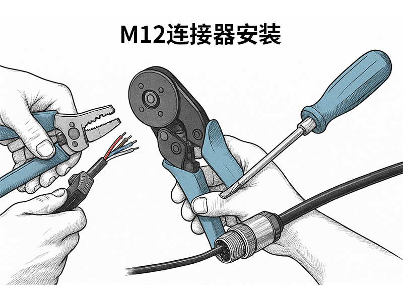 扭矩螺丝刀、剥线钳和压线钳正在用于安装 M12 连接器