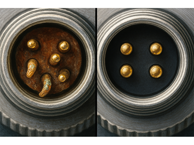 一侧出现腐蚀、针脚弯曲导致接触不良；另一侧则是洁净且针脚对齐良好