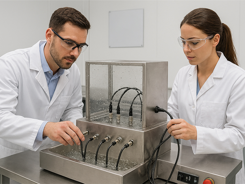 M12 连接器正在进行 IP67 防水测试