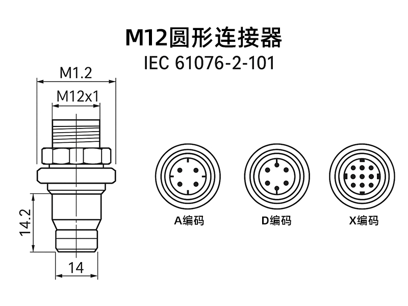 M12 连接器尺寸与编码类型