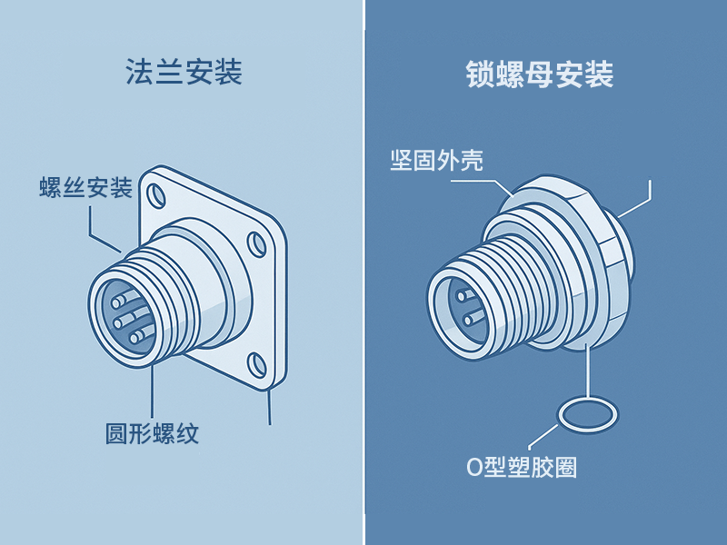 法兰式与螺纹锁定式 M12 面板安装件的并排对比图