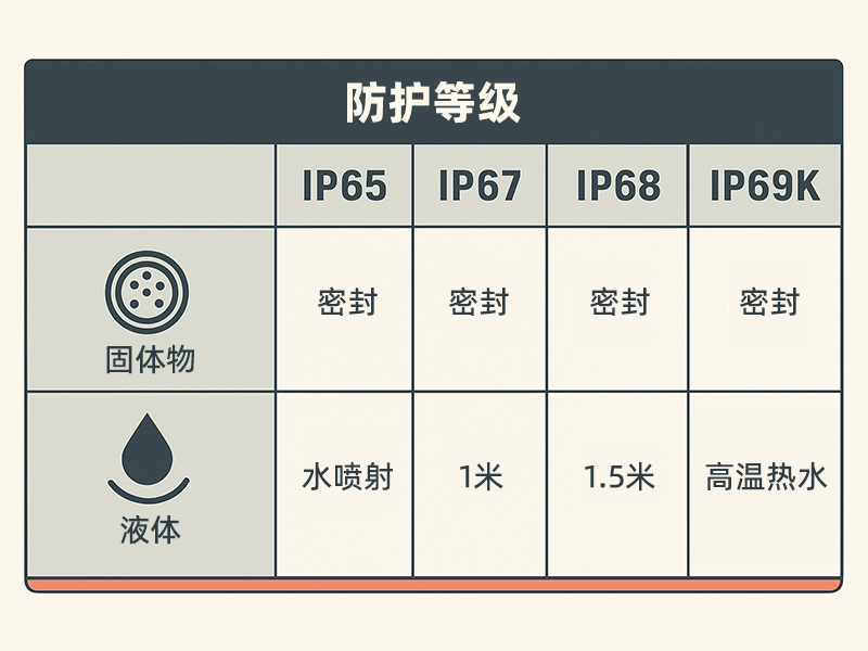 IP65、IP67、IP68 及 IP69K 防护等级对比