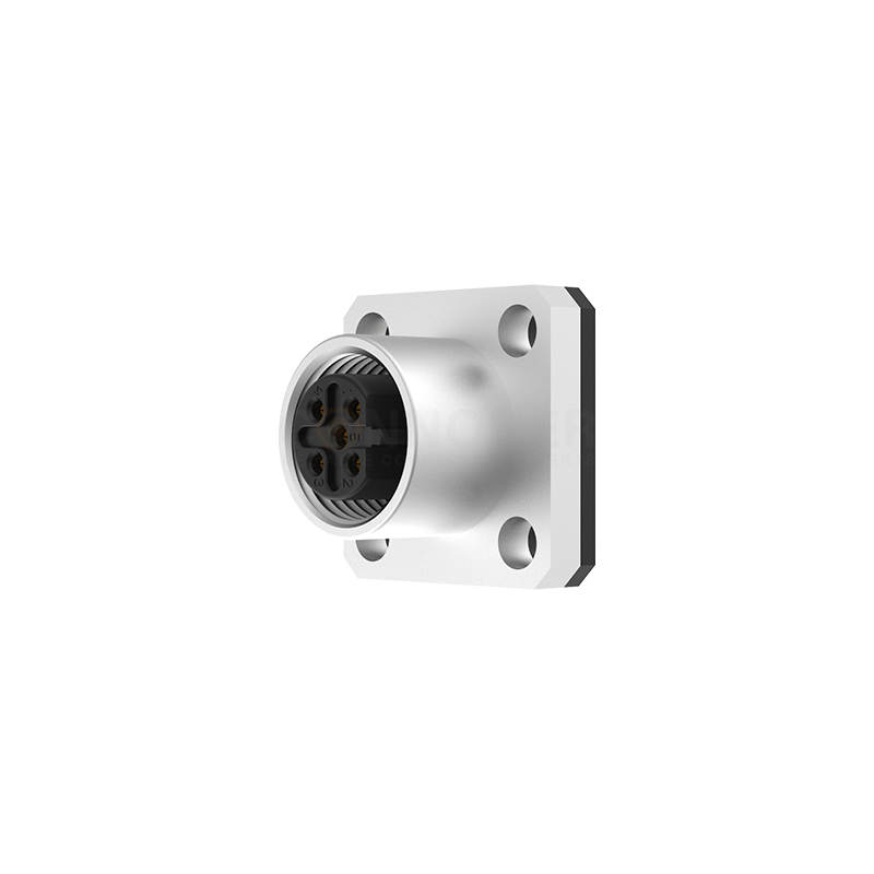 M12 B coded circular connector female end with square flange, 3 - 5 pins, solder type, 14*14