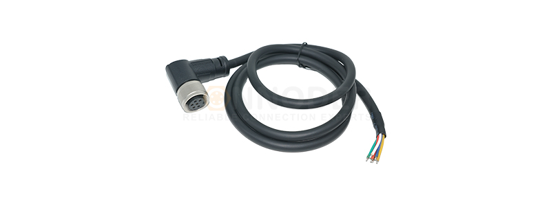M16 Connecting Cable, 90 - degree Bent - pin, Over - molded, Female End, Soldered - type, Unshielded
