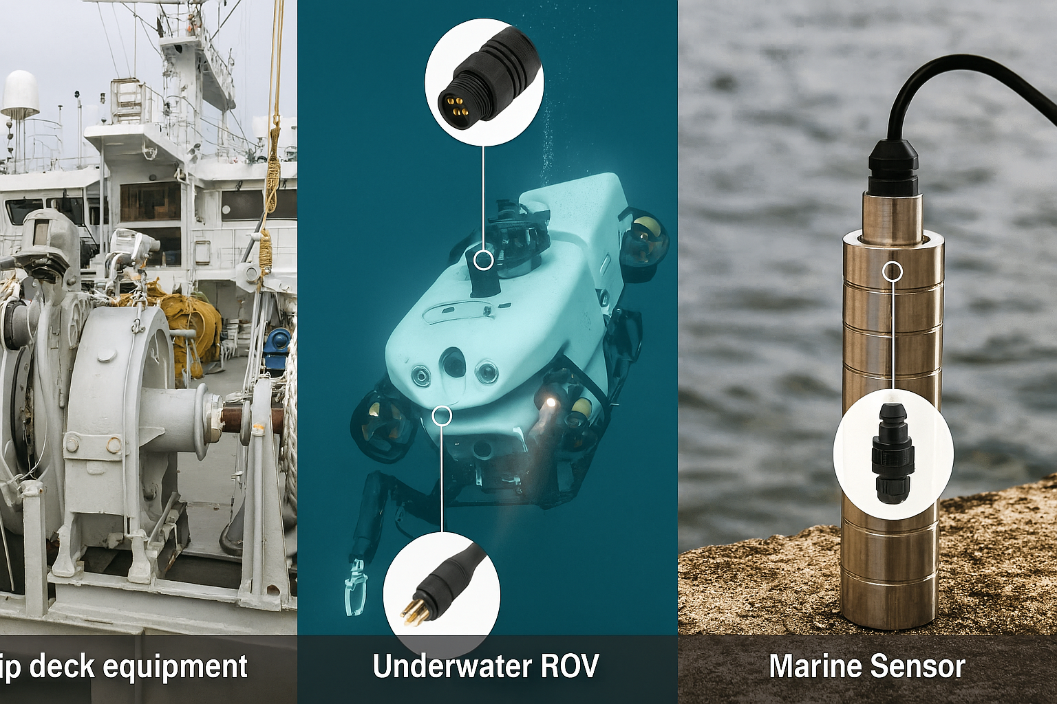 配备 M16 连接器的船甲板设备、水下遥控潜水器（ROV）以及海洋传感器