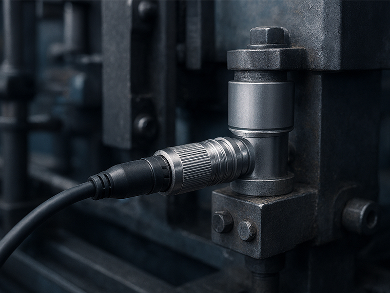 M16 圆形连接器电缆组件连接到工厂机器上的工业传感器