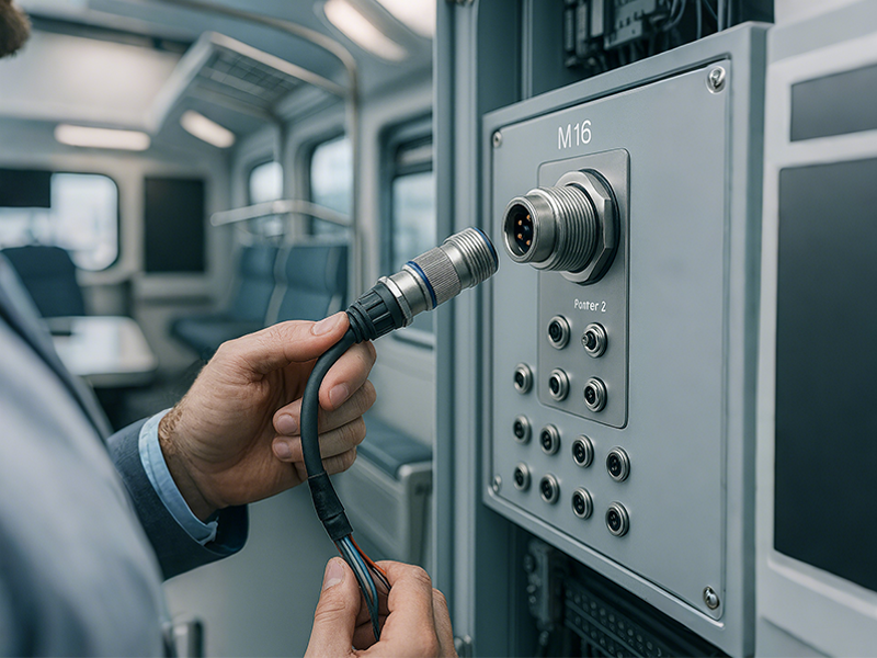 技术人员在列车控制面板中安装 M16 圆形连接器
